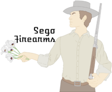 Pioneer man holding a rifle and sego lily flowers.